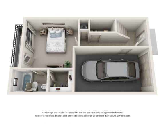 This is a 3D floor plan of a 1661 square foot 3 bedroom apartment at The Brownstones Townhome Apartments in Dallas, TX.