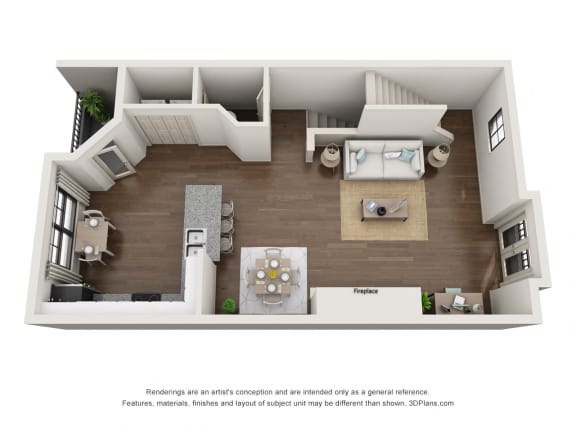This is a 3D floor plan of a 1670 square foot 3 bedroom apartment at The Brownstones Townhome Apartments in Dallas, TX.