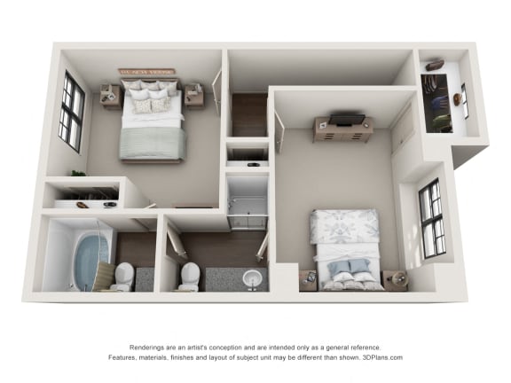 This is a 3D floor plan of a 1661 square foot 3 bedroom apartment at The Brownstones Townhome Apartments in Dallas, TX.