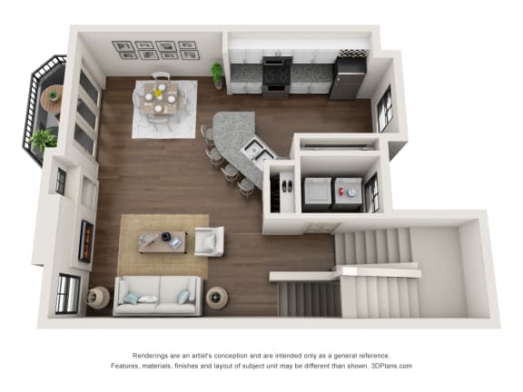 This is a 3D floor plan of a 1502 square foot 3 bedroom apartment at The Brownstones Townhome Apartments in Dallas, TX.