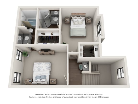 This is a 3D floor plan of a 1486 square foot 3 bedroom apartment at The Brownstones Townhome Apartments in Dallas, TX.