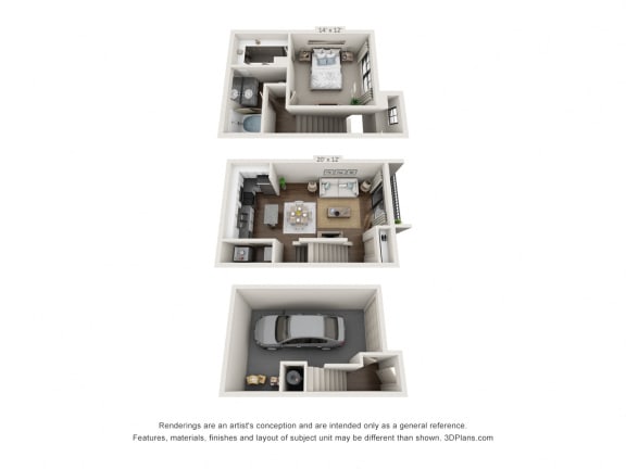 This is a 3D floor plan of a 859 square foot 1 bedroom apartment at The Brownstones Townhome Apartments in Dallas, TX.