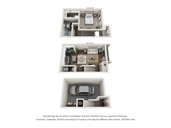 This is a 3D floor plan of a 826 square foot 1 bedroom apartment at The Brownstones Townhome Apartments in Dallas, TX.