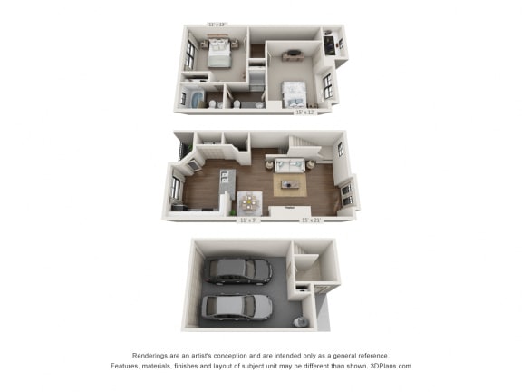 This is a 3D floor plan of a 1329 square foot 2 bedroom apartment at The Brownstones Townhome Apartments in Dallas, TX.