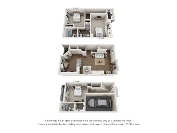 This is a 3D floor plan of a 1670 square foot 3 bedroom apartment at The Brownstones Townhome Apartments in Dallas, TX.