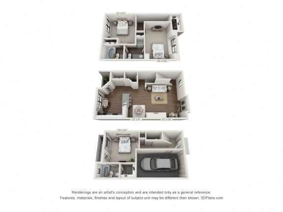 This is a 3D floor plan of a 1661 square foot 3 bedroom apartment at The Brownstones Townhome Apartments in Dallas, TX.