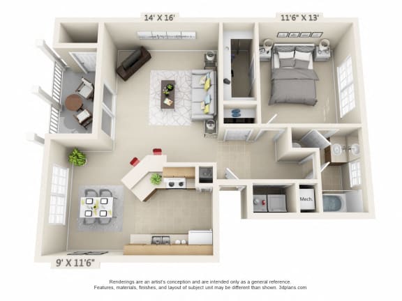 Floor Plan  This is a 3D floor plan of a 852 square foot 1 bedroom Fairlawn at Trails of Saddlebrook Apartments in Florence, KY.