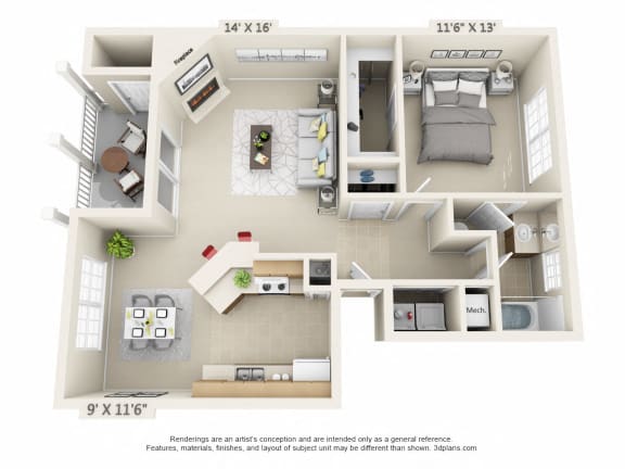 Floor Plan  This is a 3D floor plan of a 852 square foot 1 bedroom Fairlawn at Trails of Saddlebrook Apartments in Florence, KY.