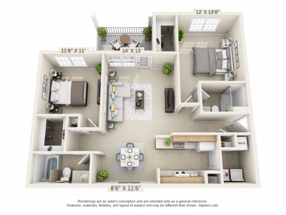 Floor Plan  This is a 3D floor plan of a 1056 square foot 2 bedroom Gainsway at Trails of Saddlebrook Apartments in Florence, KY.