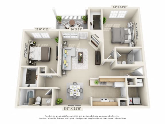 Floor Plan  This is a 3D floor plan of a 1056 square foot 2 bedroom Gainsway at Trails of Saddlebrook Apartments in Florence, KY.