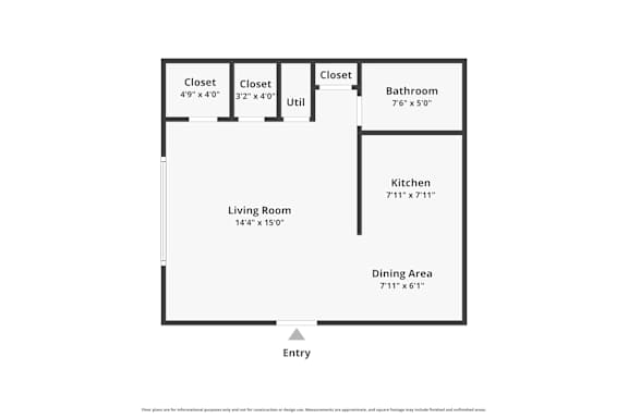 A floor plan of a house with a living room, kitchen, dining area, bathroom and three closets.