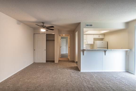 Living room in the Village East 684 sq. ft. apartment, with carpeted flooring, kitchen pass-through, closet access, and hallway beyond.