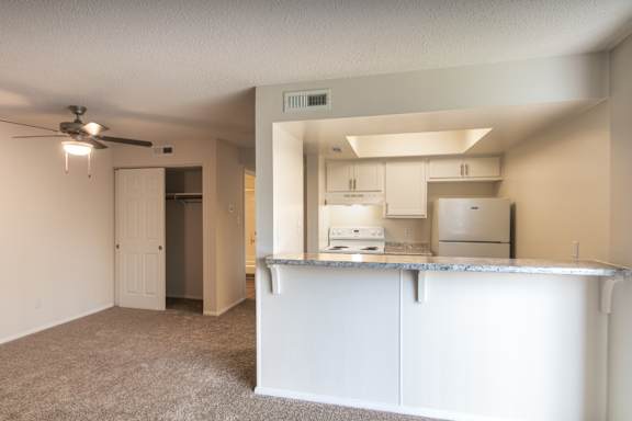 Open view of the Village East 1-bedroom apartment, with the kitchen breakfast bar, carpeted living area, ceiling fan, and closet access.