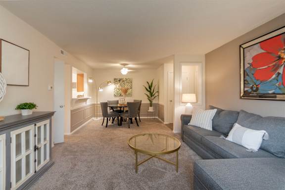 This is a photo of the dining area from the living room in the 822 square foot, 2 bedroom, 1 bath floor plan at Village East Apartments in Franklin, OH.
