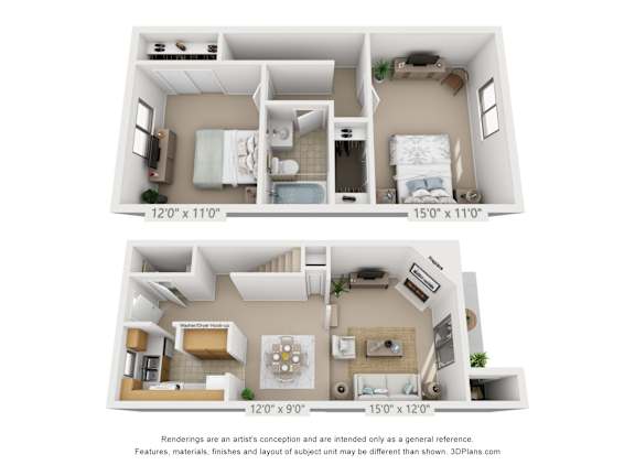 A 3D floor plan of both floors of a 2 bedroom 1 bath town home at Village East Apartments in Franklin, Oh.