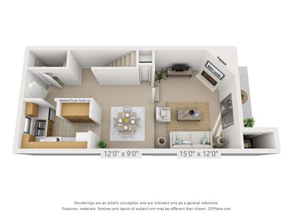 A 3D floor plan of the first floor of both floors a 2 bedroom, 1 bath 1000 square foot town home at Village East Apartments in Franklin, OH.