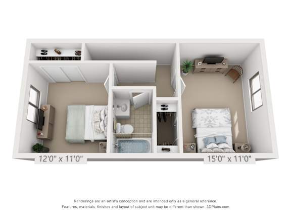 A 3D floor plan of the second floor of both floors a 2 bedroom, 1 bath 1000 square foot town home at Village East Apartments in Franklin, OH.