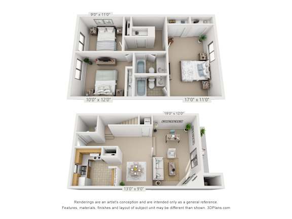 A 3D floor plan of both floors of a 3 bedroom, 2 bath town home at Village East Apartments in Franklin, Oh.