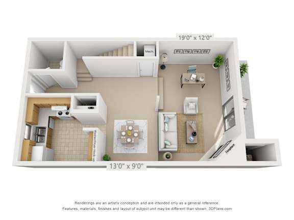 A 3D floor plan of the first floor of a 3 bedroom, 2 bath 1380 square foot town home at Village East Apartments in Franklin, Oh.