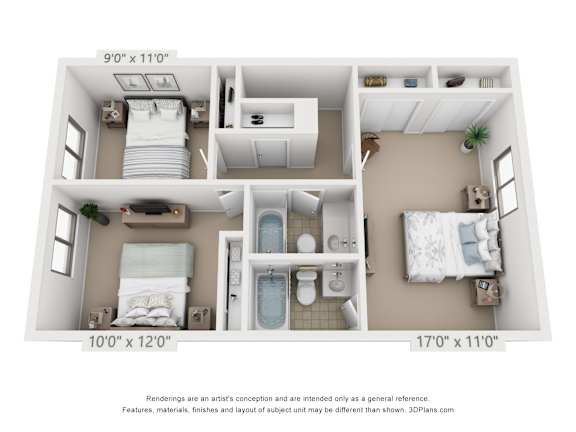A 3D floor plan of the second floor of a 3 bedroom, 2 bath 1380 square foot town home at Village East Apartments in Franklin, Oh.