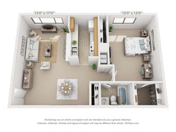 Floor Plan  3D floor plan rendering of the 1 Bedroom, 1 Bath apartment at Village East Apartments in Franklin, Ohio. The 684 sq. ft. layout shows a spacious living room, defined dining area, galley-style kitchen, private bedroom, full bathroom, mechanical area, and multiple closet/storage spaces.