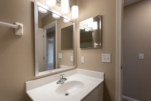 This is a photo of the bathroom in the 1170 square foot 2 bedroom, 2 bath Freedom Balcony at Washington Place Apartments in Miamisburg, Ohio in Washington Township.