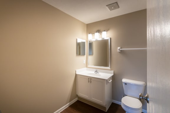 This is a photo of the primary bathroom in the 1170 square foot 2 bedroom, 2 bath Freedom Balcony at Washington Place Apartments in Miamisburg, Ohio in Washington Township.