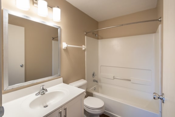 This is a photo of the bathroom in the 1040 square foot 2 bedroom, 1 bath Patriot at Washington Place Apartments in Miamisburg, Ohio in Washington Township.