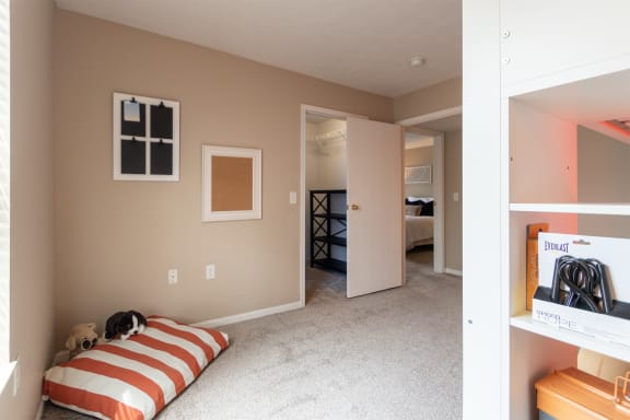 This is a photo of the second bedroom of the 890 square foot 2 bedroom, 2 bath Liberty at Washington Place Apartments in in Miamisburg, Ohio in Washington Township.
