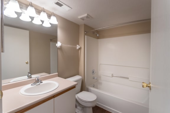 This is a photo of the bathroom in the 890 square foot 2 bedroom, 1 bath Liberty (lower) at Washington Place Apartments in Miamisburg, Ohio in Washington Township.
