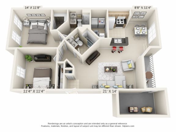 This is a 3D floor plan of a 1100 square foot 2 bedroom Eaton at Washington Park Apartments in Centerville, OH.