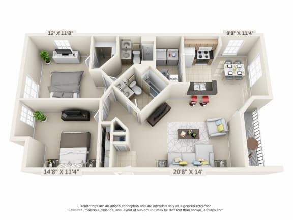 This is a 3D floor plan of a 1100 square foot 2 bedroom Kettering at Washington Park Apartments in Centerville, OH.