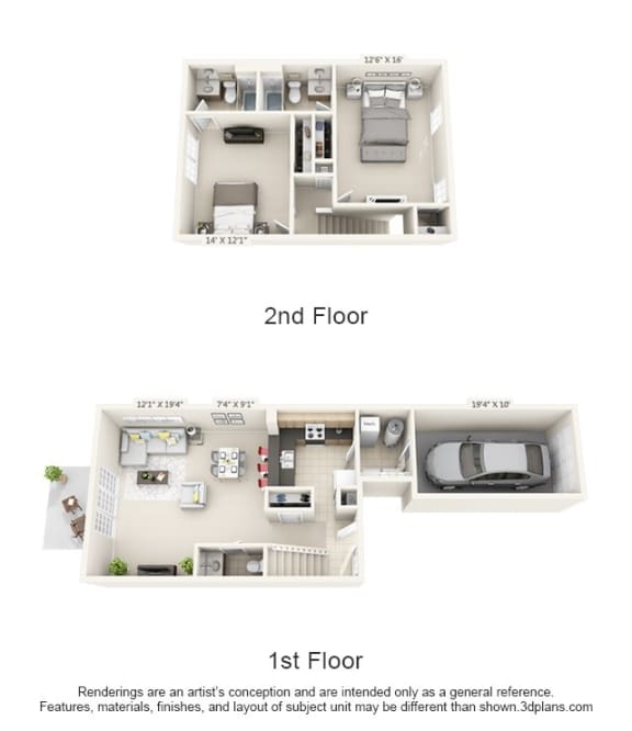 This is a 3D floor plan of a 1280 square foot 2 bedroom Oakwood at Washington Park Apartments in Centerville, OH.