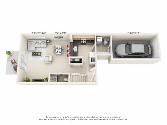 This is a 3D floor plan of a 1280 square foot 2 bedroom Oakwood at Washington Park Apartments in Centerville, OH.