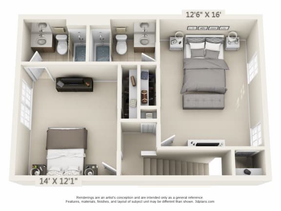 This is a 3D floor plan of a 1280 square foot 2 bedroom Oakwood at Washington Park Apartments in Centerville, OH.