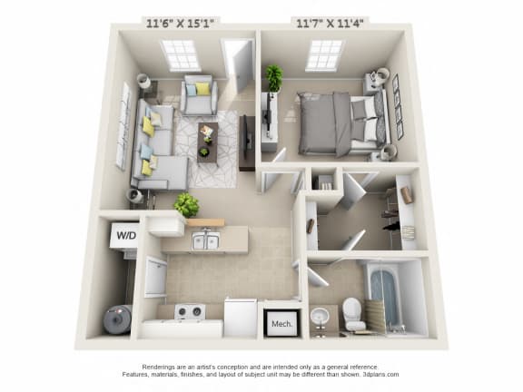 This is a 3D floor plan of a 580 square foot 1 bedroom Independence at Washington Place Apartments in Washington Township, OH