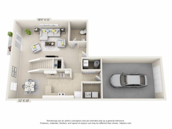 This is a 3D floor plan of the first floor of a 1490 square foot 3 bedroom, 2 and a half bath Presidential at Washington Place Apartments in Miamisburg, Ohio in Washington Township.