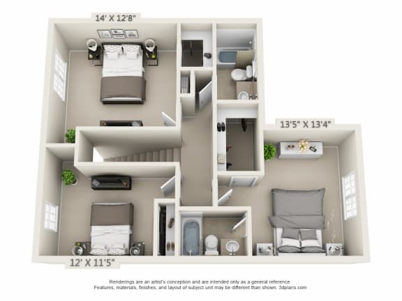 This is a 3D floor plan of the second floor of a 1490 square foot 3 bedroom, 2 and a half bath Presidential at Washington Place Apartments in Miamisburg, Ohio in Washington Township.