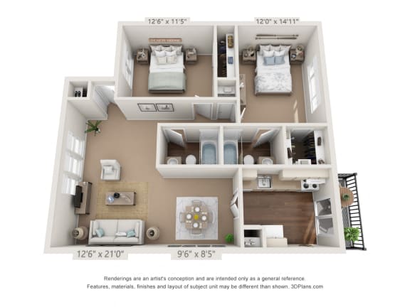 This is a 3D floor plan of a 946 square foot 2 bedroom apartment at Woodbridge