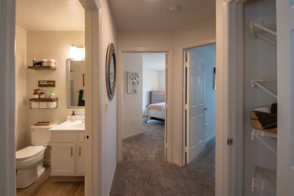 This is a photo of the hallway of the 1100 square foot 2 bedroom Kettering floor plan at Washington Park Apartments in Centerville, OH.