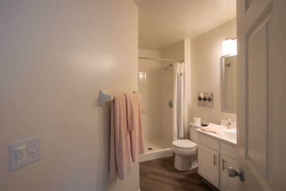 This is a photo of the primary bathroom of the 1100 square foot 2 bedroom Kettering floor plan at Washington Park Apartments in Centerville, OH.