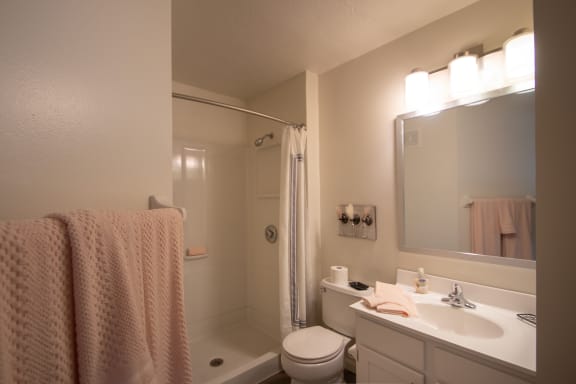 This is a photo of the primary bathroom of the 1100 square foot 2 bedroom Kettering floor plan at Washington Park Apartments in Centerville, OH.