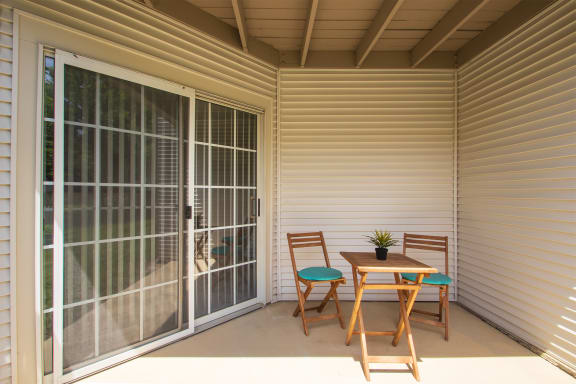 This is a photo of the patio of the 1100 square foot 2 bedroom Kettering floor plan at Washington Park Apartments in Centerville, OH.