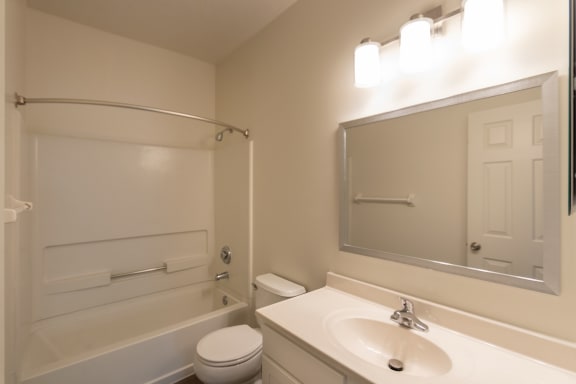 This is a photo of the bathroom of the 1500 square foot 3 bedroom, 2 and a half bath with 2-car garage Bellbrook floor plan at Washington Park Apartments in Centerville, OH.