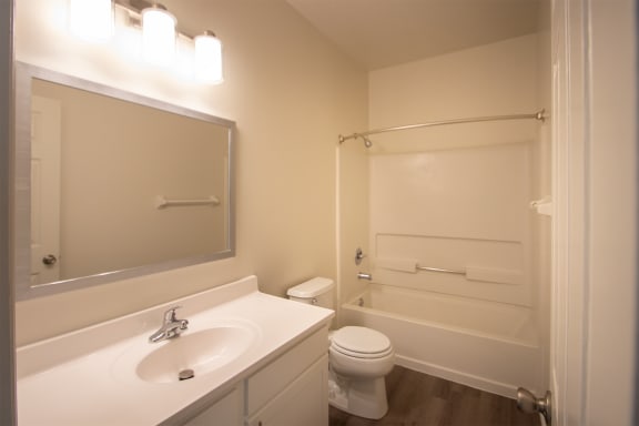 This is a photo of the primary bathroom of the 1500 square foot 3 bedroom, 2 and a half bath with 2-car garage Bellbrook floor plan at Washington Park Apartments in Centerville, OH.