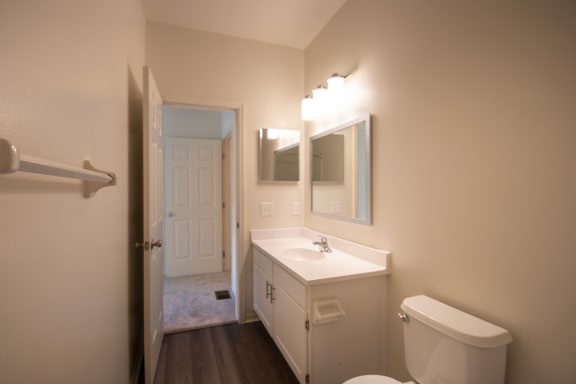 This is a photo of the primary bathroom of the 1500 square foot 3 bedroom, 2 and a half bath with 2-car garage Bellbrook floor plan at Washington Park Apartments in Centerville, OH.