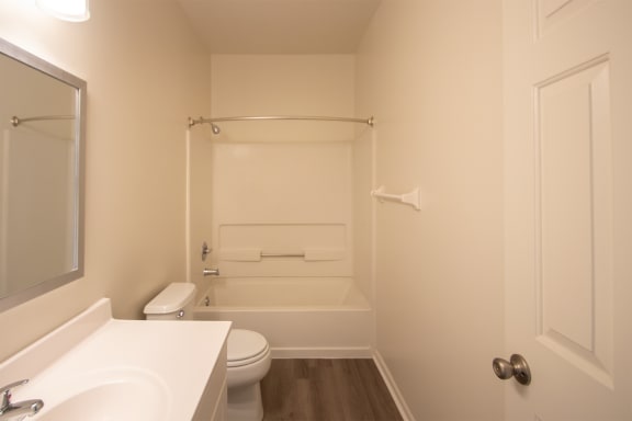 This is a photo of the primary bathroom of the 1500 square foot 3 bedroom, 2 and a half bath with 2-car garage Bellbrook floor plan at Washington Park Apartments in Centerville, OH.