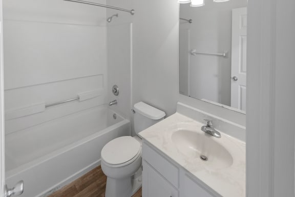 This is a photo of the bathroom of the 1100 square foot 2 bedroom, 2 bath Eaton floor plan at Washington Park Apartments in Centerville, OH.