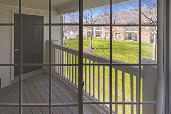 This is a photo of the patio of the 1100 square foot 2 bedroom, 2 bath Eaton floor plan at Washington Park Apartments in Centerville, OH.