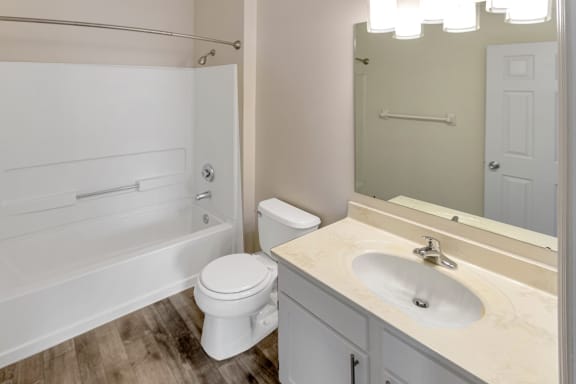 This is a photo of the primary bathoom of the 1280 square foot 2 bedroom, 2 and 1/2 bath Oakwood floor plan at Washington Park Apartments in Centerville, OH.